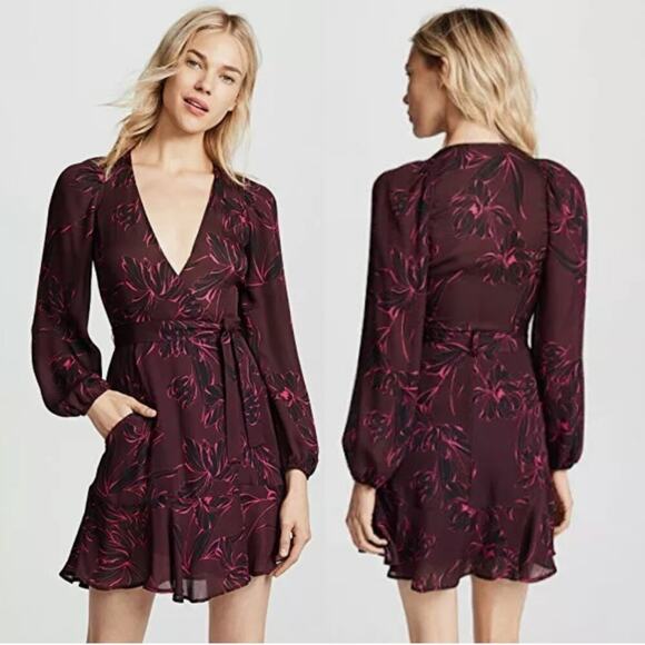 A.L.C. Embry Wrap Silk Mini Dress in Bordeaux & Black - Picture 3 of 12